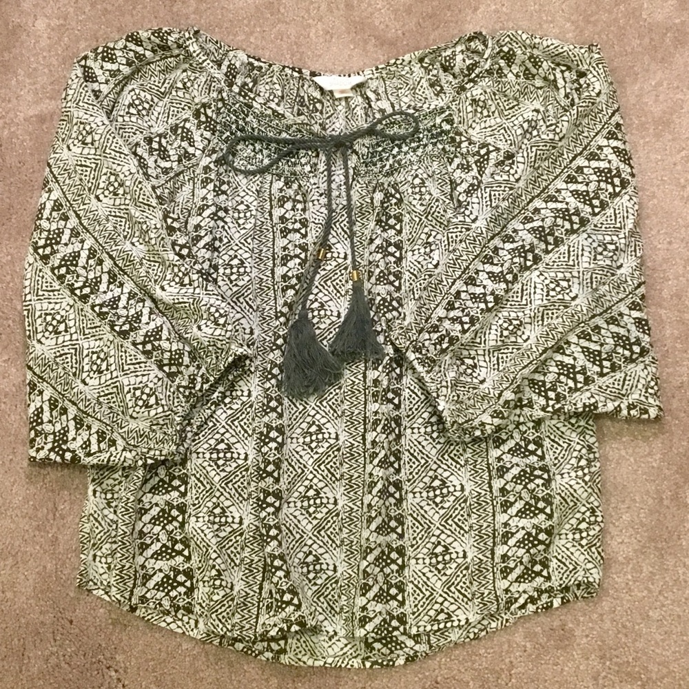 Olive Green & White Boho Style Shirt with Tassels